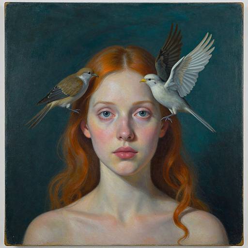 Digital painting of a pale-skinned, red-haired woman with blue eyes, topless, with two birds perched on her head, one on each