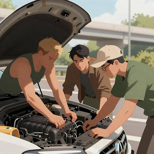 Three Men Fixing Car Under Overpass