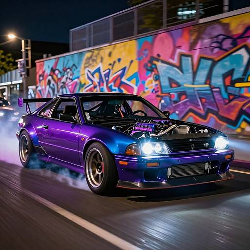 Photograph of a blue, high-performance, modified sedan with bright headlights, performing a burnout on a graffiti-covered urban street at night.