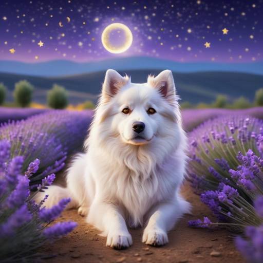 Dreamy Lavender Field with Fluffy Dog