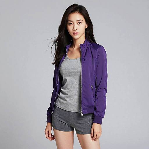 Photograph of an Asian woman with long black hair, wearing a purple jacket, gray tank top, and gray shorts, against a plain white background.