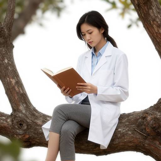 Asian woman in white lab coat and gray pants, sitting on tree branch, intently reading brown book, blurred tree background.