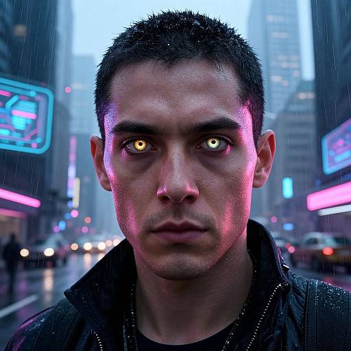 Photorealistic digital portrait of a serious, wet-faced man with glowing yellow eyes, short dark hair, in a rain-soaked urban night scene with