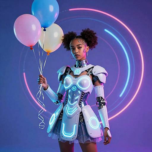 Cyborg girl with glowing armor holding neon balloons, blue and pink light trails, futuristic background, vibrant colors, digital artwork.