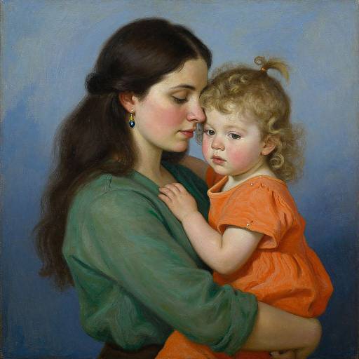 Digital painting of a dark-haired woman in a green blouse cradling a blonde, curly-haired child in an orange dress against a blue background.
