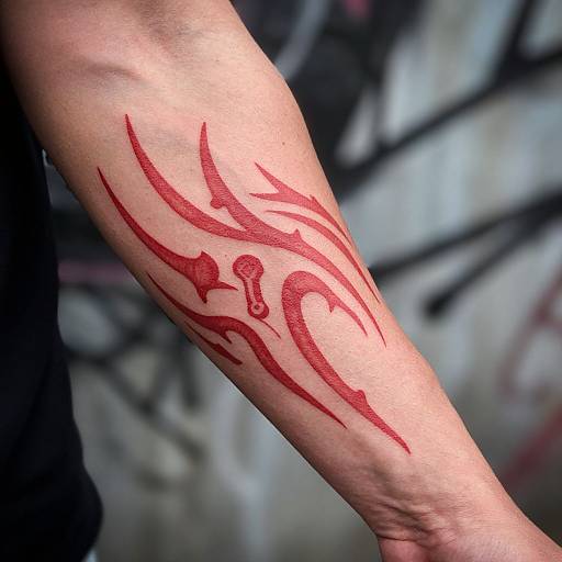 Photograph of a tattooed forearm with bold, red tribal-like designs in a vertical layout, against a blurred, graffiti-covered background.