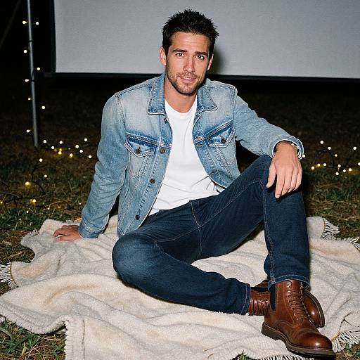 Photograph of a bearded man with short black hair, wearing a light blue denim jacket, white shirt, dark jeans, and brown boots, sitting