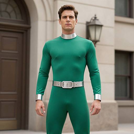 Photorealistic CGI of a handsome, serious young man in a tight, green, long-sleeve bodysuit with white collar and belt,