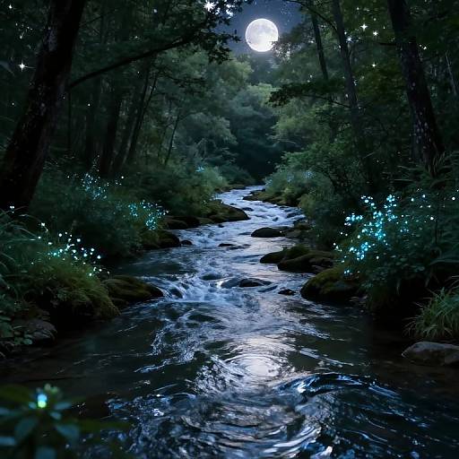 Digital artwork of a moonlit forest stream, illuminated by glowing fireflies and reflecting moonlight on the flowing water. Dense trees frame the scene, creating