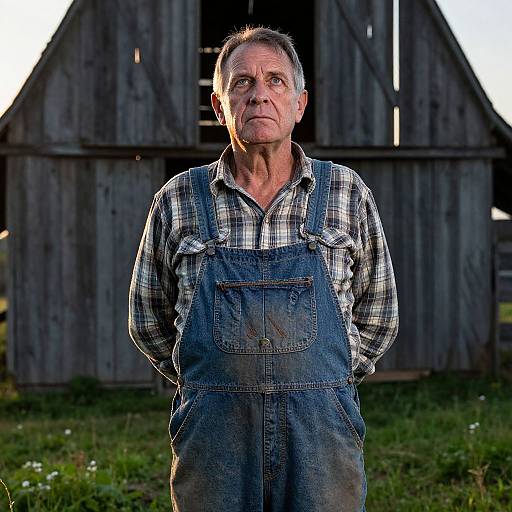 Photograph of a middle-aged white man with short gray hair, wearing a plaid shirt and blue denim overalls, standing in front of a weather