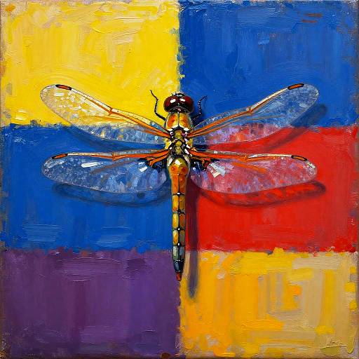 Vivid Mondrian-Style Dragonfly Oil Masterpiece