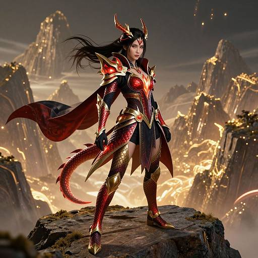 Digital art of a fierce, armored, dark-haired female warrior with red and gold dragon-scale armor, horns, and a dragon tail, standing on a