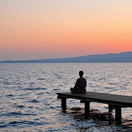 Photograph of a silhouetted person sitting on a wooden dock at sunset, gazing over a calm, rippling lake with a gradient sky