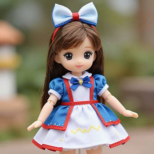 Photograph of a cute anime-style doll with long brown hair, wearing a blue and white dress with red trim, and a large blue and white bow