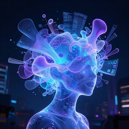 Digital CGI of a glowing, blue neon-human head with intricate, cybernetic patterns and holographic elements, set against a dark, cityscape background