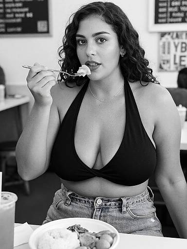 Black-and-white photograph of a curvy woman with curly hair, wearing a black halter top and high-waisted jeans, eating dessert in a