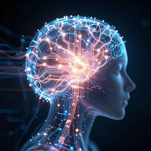 Digital art of a glowing blue and pink human head silhouette, showing intricate neural network patterns inside the brain against a dark background.