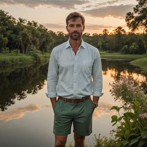 Confident Man at Serene Lakeside Sunset Confident Man at Serene Lakeside Sunset