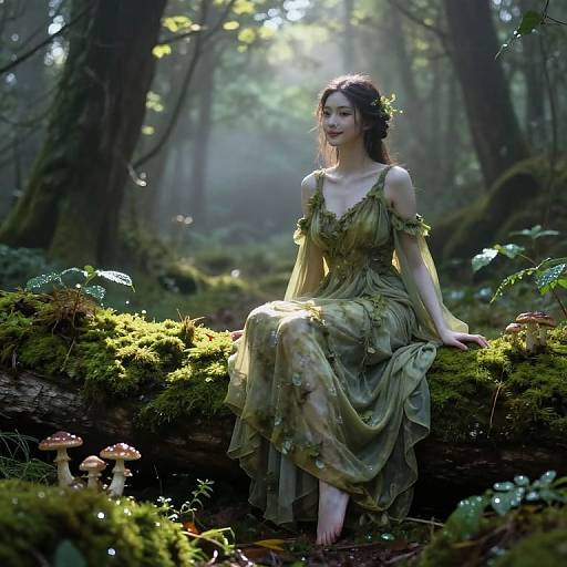 Photorealistic digital artwork of a fair-skinned, long-haired woman in a green, moss-covered dress, sitting on a mossy log in a