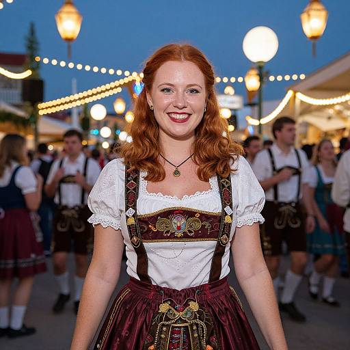 Photograph of a smiling red-haired woman in a traditional Bavarian dirndl, white blouse, and dark apron, standing in a festive evening street