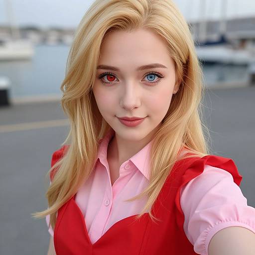 Photograph of a young blonde woman with heterochromia, wearing a pink shirt and red vest, smiling outdoors on a blurred street.