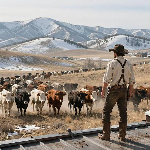 Cowboy Herding Cattle in Winter Hills