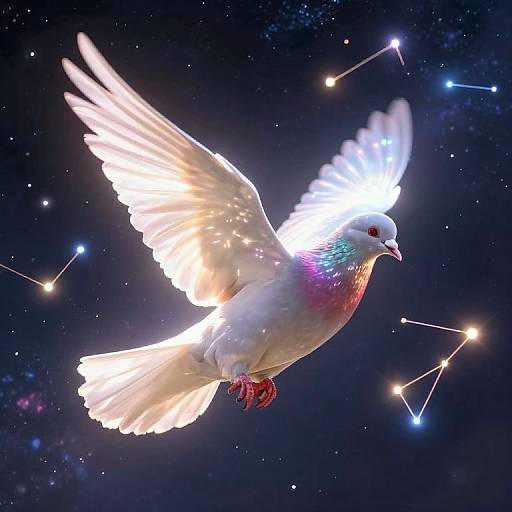 Photograph of a glowing white dove with neon feathers and red feet, flying against a starry night sky with constellations.