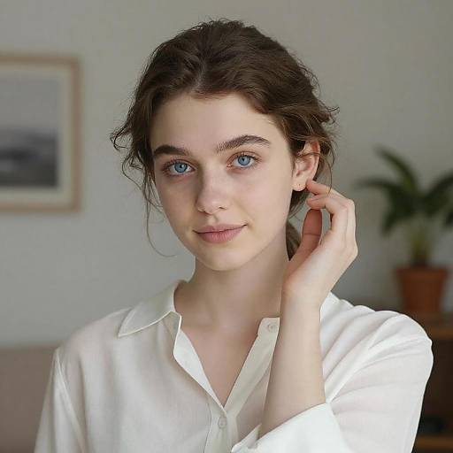 Photograph of a young woman with fair skin, blue eyes, and dark brown, wavy hair, wearing a white button-up shirt, lightly touching