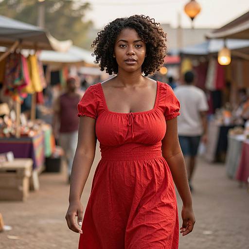 Photograph of a confident Black woman with curly hair, wearing a red dress, walking through a bustling, colorful outdoor market.