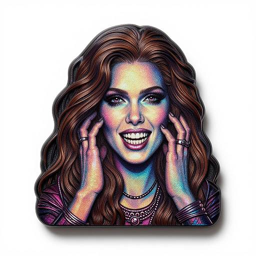 Digital pop art portrait of a smiling woman with long, wavy brown hair, colorful highlights, and detailed jewelry, touching her face with both hands.