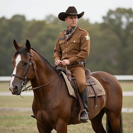 Photograph of a Caucasian male cowboy in brown uniform and black hat, riding a brown horse with a white blaze, in an open field with trees in