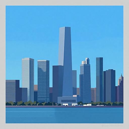 Digital illustration of a modern city skyline with tall, blue-tinted skyscrapers, a prominent central tower, and a calm blue waterfront.