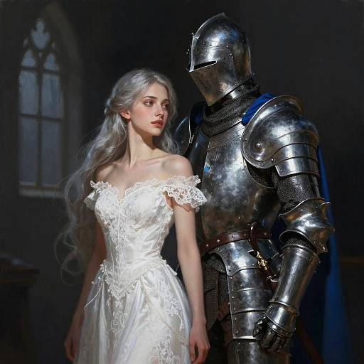 Photograph-style digital art of a fair-skinned, long-silver-haired woman in an off-shoulder white lace gown, standing beside a silver