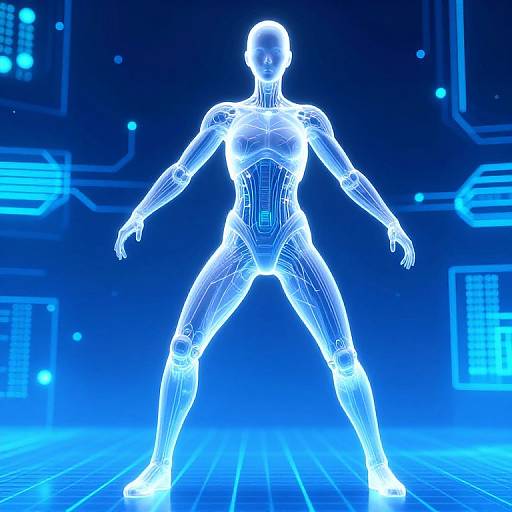 Neon blue CGI of a glowing, wireframe human figure standing in a futuristic, grid-lit digital background. Bright, cybernetic aesthetic.