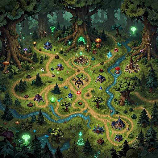 Fantasy forest village map: colorful glowing tents, winding paths, blue river, glowing mushrooms, enchanted trees, and whimsical fairy lights in a vibrant