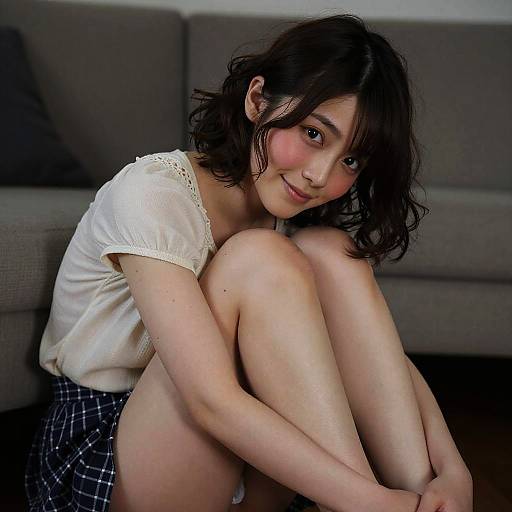 Photograph of a young Asian woman with wavy black hair, light skin, and pink cheeks, sitting curled up on a gray couch, wearing a