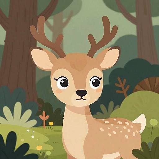 Cartoon-style digital illustration of a cute, light-brown deer with white spots and small antlers, standing in a green forest with tall trees and