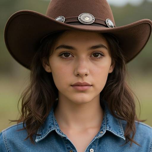 Young woman with fair skin, brown eyes, and wavy dark hair wears a brown cowboy hat with silver accents, and a blue denim shirt, in
