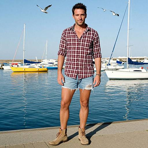 Photograph of a muscular man with short dark hair, wearing a red plaid shirt, denim shorts, and tan boots, standing on a dock with