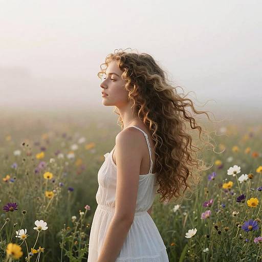Photograph of a young woman with curly blonde hair, wearing a white sleeveless dress, standing in a sunlit meadow of colorful wildflowers,