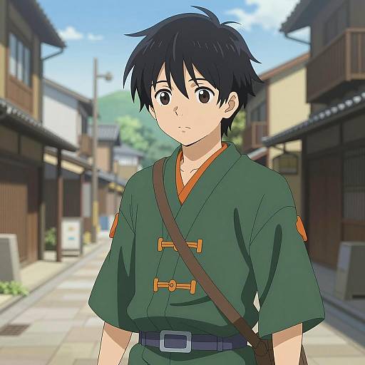 Anime Boy in Traditional Japanese Outfit on Street