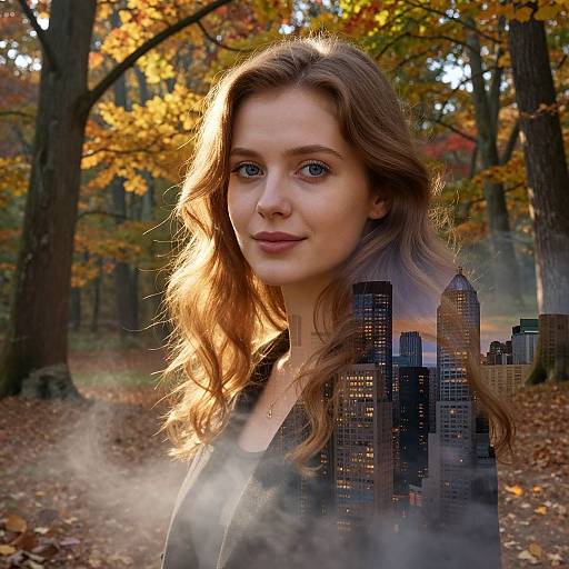 Photorealistic digital composite of a fair-skinned woman with wavy brown hair, blue eyes, and city skyline superimposed, set against a