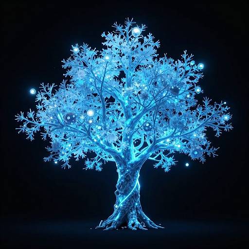 Glowing blue ethereal tree with luminescent branches and leaves, surrounded by floating blue orbs, set against a black background. Digital CGI artwork
