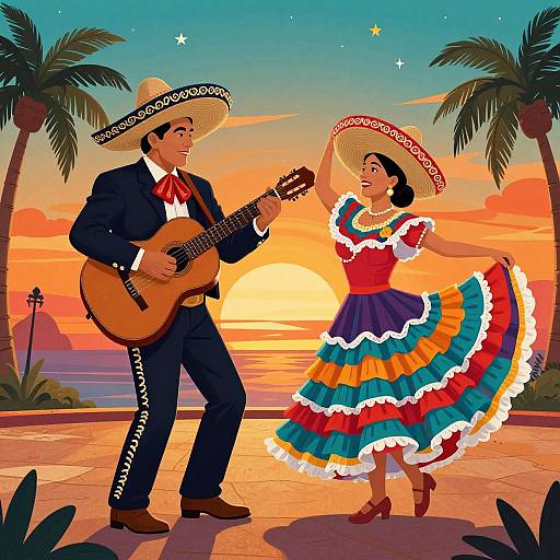 Colorful digital illustration of a Mexican couple dancing at sunset; man in suit and hat playing guitar, woman in colorful dress. Palm trees and ocean backdrop