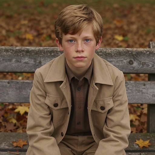 Photograph of a young boy with light brown hair and blue eyes, wearing a beige jacket and brown shirt, sitting on a wooden bench in a fall