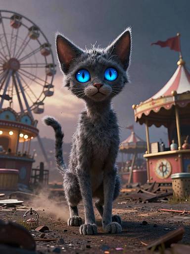 Digital artwork of a glowing blue-eyed, grey tabby cat standing on a dusty carnival ground with a Ferris wheel and a colorful tent in the background