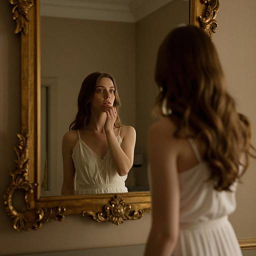 Photograph of a brunette woman with wavy hair, wearing a white, sleeveless dress, standing in front of an ornate gold-framed mirror