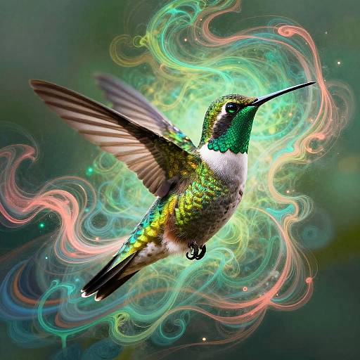 Digital artwork of a vibrant hummingbird with iridescent green and white feathers, surrounded by swirling, colorful energy trails against a dark, blurred background.