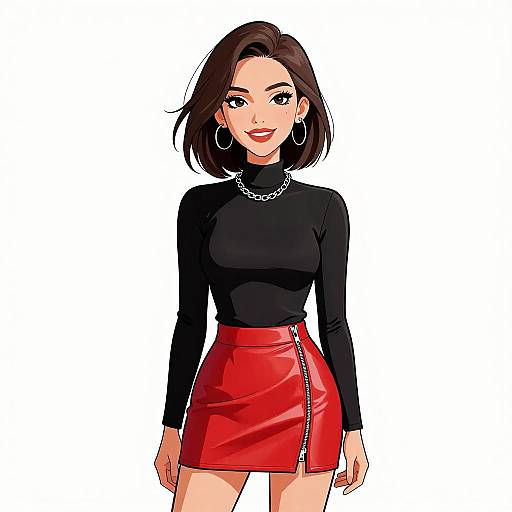 Digital anime-style drawing of a confident woman with short brown hair, black turtleneck, and red leather skirt with zipper, wearing large hoop earrings and
