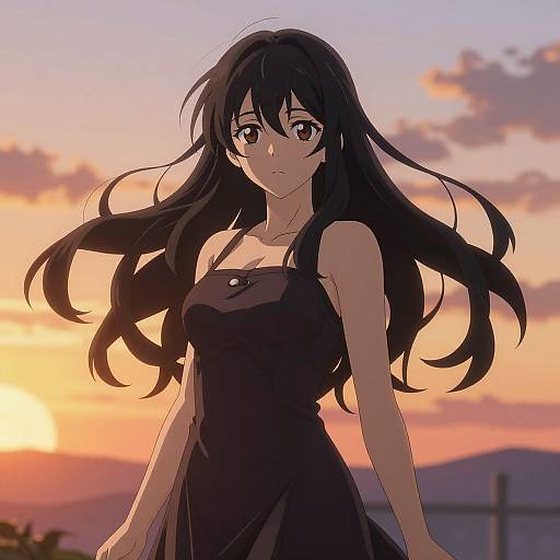 Anime-style digital drawing of a beautiful, long-haired woman in a black dress, standing against a sunset sky with orange and pink clouds.